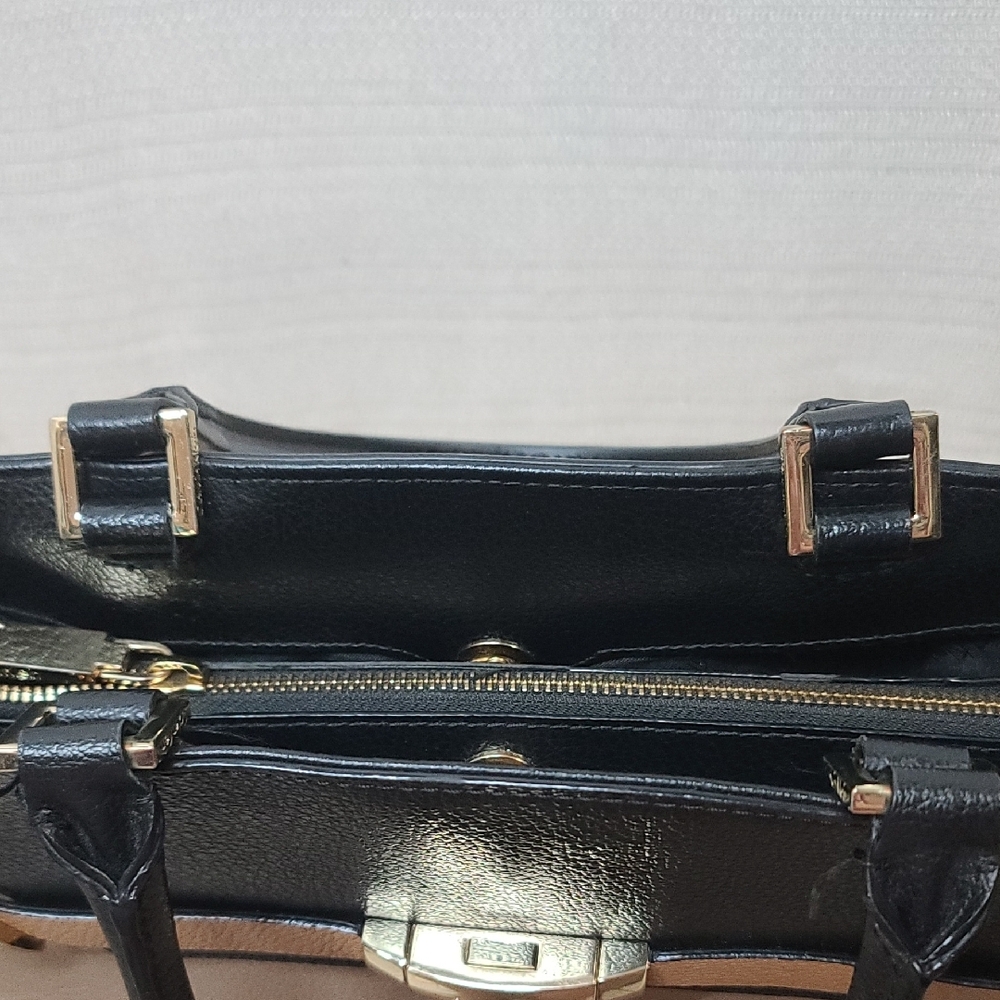 Calvin Klein Black & Golden Tan Satchel w Structured Gold Buckle Accents EUC - Picture 9 of 11